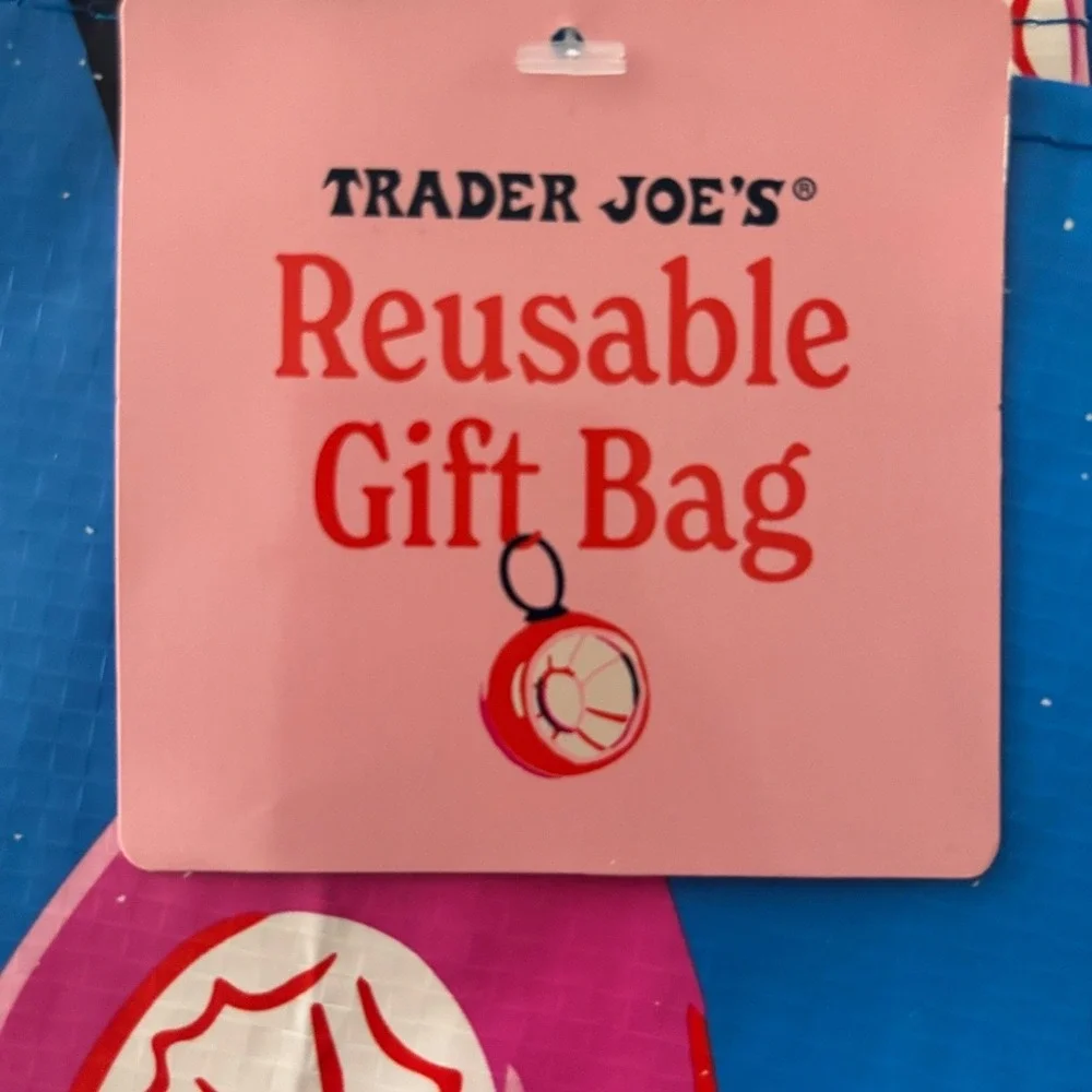 Trader Joes Reusable Gift Bag Holiday 2025 Ornaments Blue Pink‎ Christmas - 2